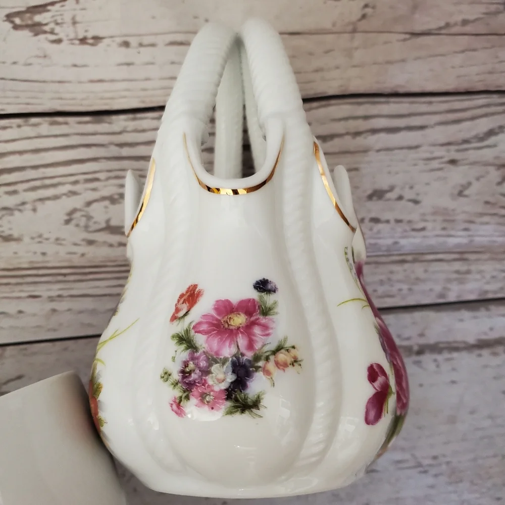 Vintage porcelain basket with flowers on it white, pink, purple, green